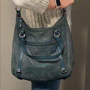 Authentic Coach Teal Suede Embossed and Studded Alexandra Shoulder Bag